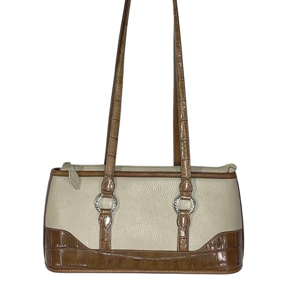 Brighton Handbags - BRIGHTON Vintage Women’s Baguette Style Cream and Tan Leather Bag